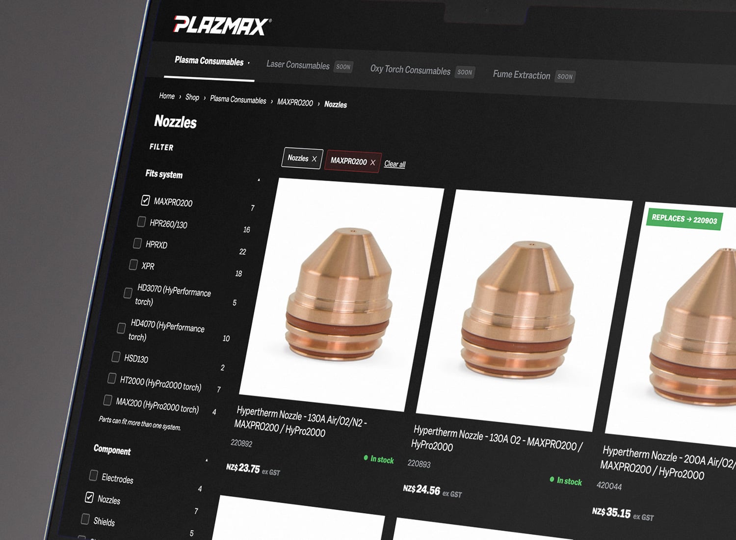 Plazmax online shop showing Hypertherm nozzles filtered by system