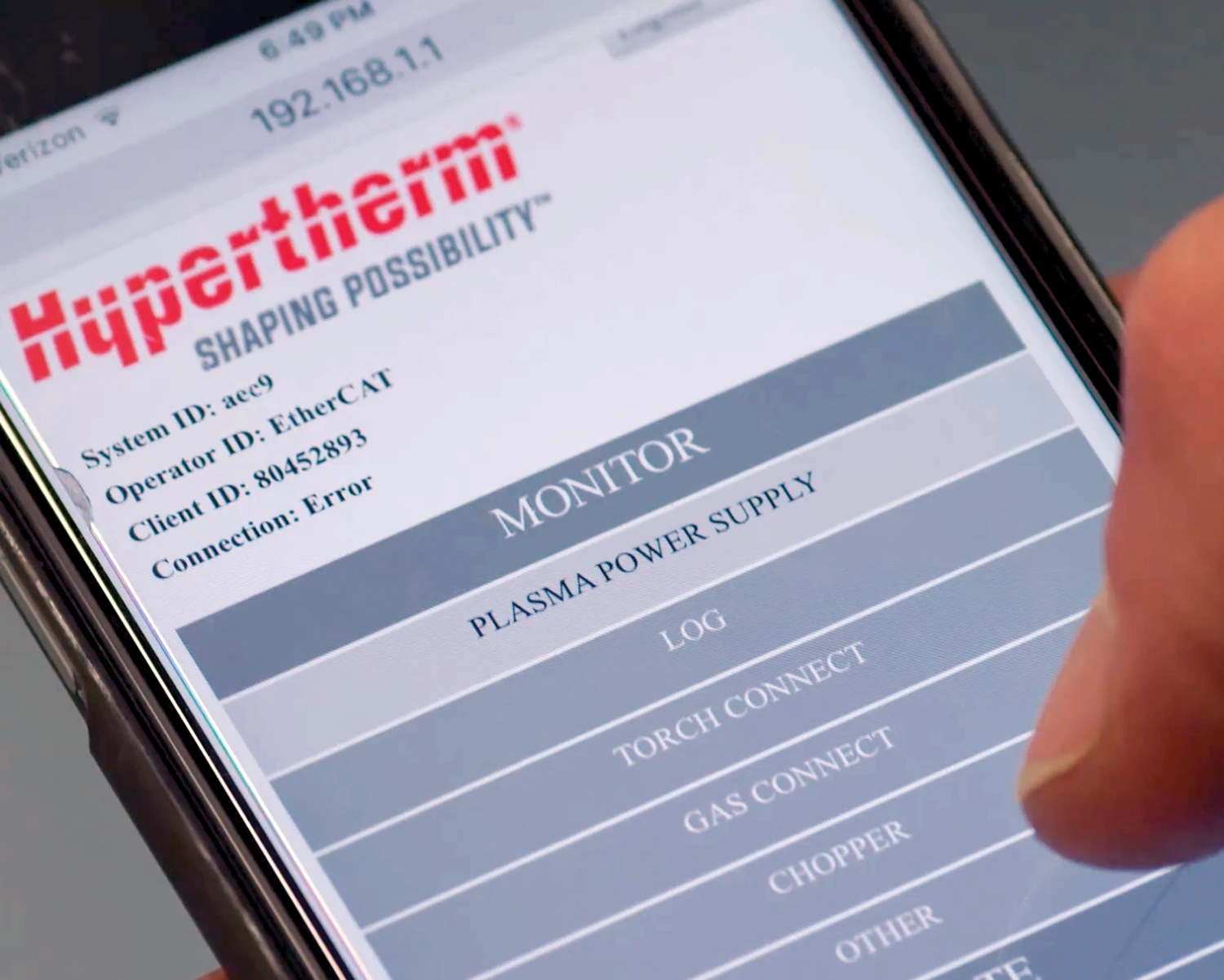 Hypertherm XPR web interface on a smartphone